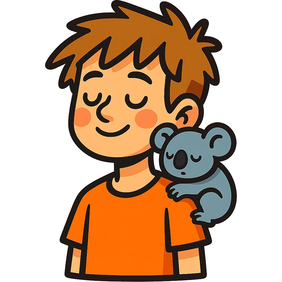 light brown messy haired boy with a very small sleepy koala on his shoulder, vibrant toon style emoji
