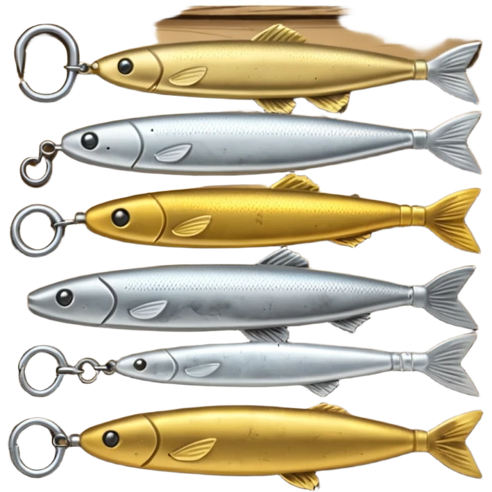 A metal lure set arranged on a wooden plank emoji