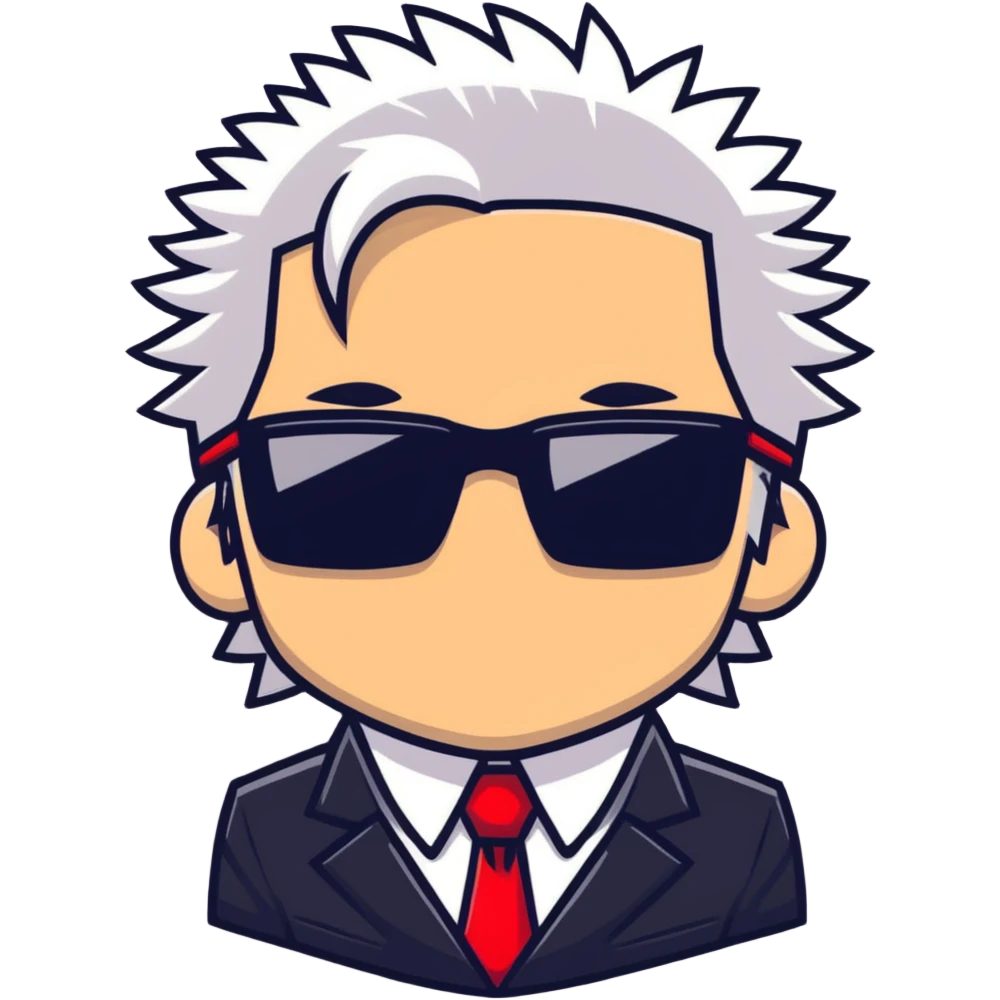 Satoru Gojo character with white spiky hair, black suit, red tie, sunglasses, and confident smirk emoji