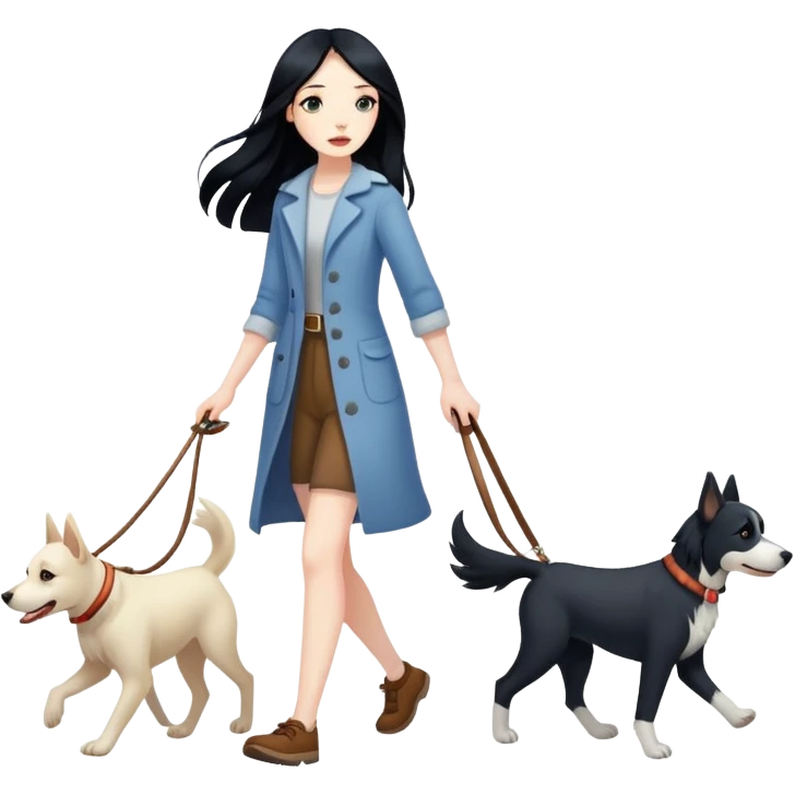 A girl with long black hair walking with three dogs emoji