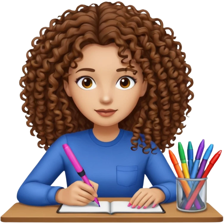 A women curly hair long and light skin with markers on her desk emoji