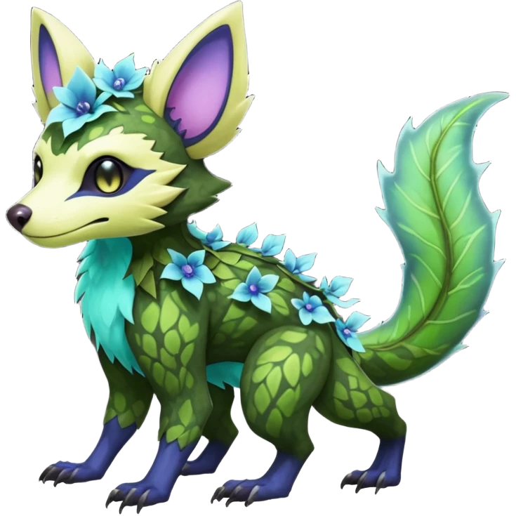 Realistic Sharp swampy mossy elemental ivy floral detailed Colorful translucent luminescent glowing Trico-Noibat-batty-Sergal-Furret-Ferret-Wolverine-Vernid-furry-fursona-fusion-Fakemon-animal-hybrid-creature, full body emoji