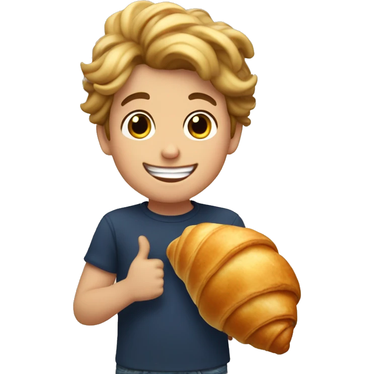 Young french boy smiling with a enormous croissant in his hands emoji