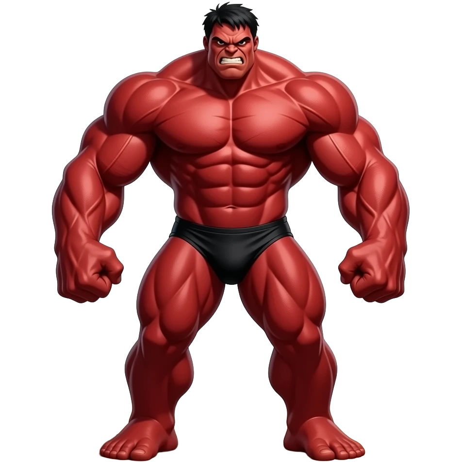 Massive very tall massively muscular red Hulk in black male bikini full body image realistic flexing biceps emoji