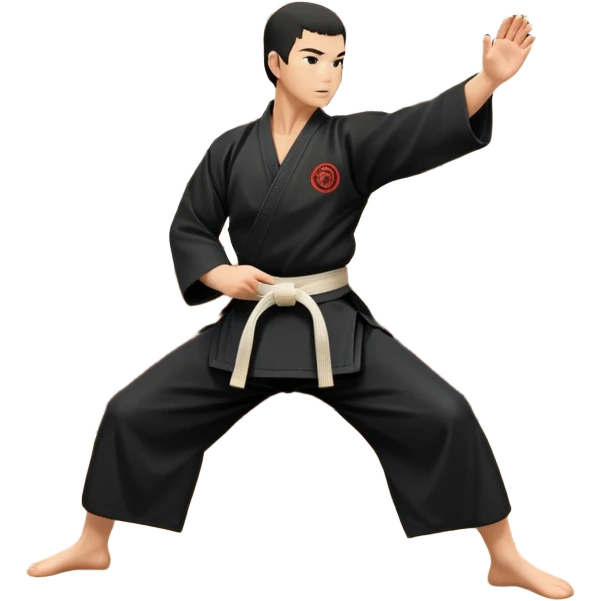 An icon depicting a martial artist in a black gi performing an Aikido technique in a dojo. The background showcases wooden floors, traditional dojo decor, and soft lighting that creates a peaceful yet focused atmosphere. The Aikido practitioner demonstrates fluid movement and precision.  emoji