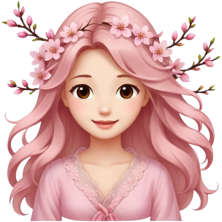 . A girl with long, flowing hair adorned with cherry blossoms, wearing a light pink chiffon blouse and a dreamy smile. emoji