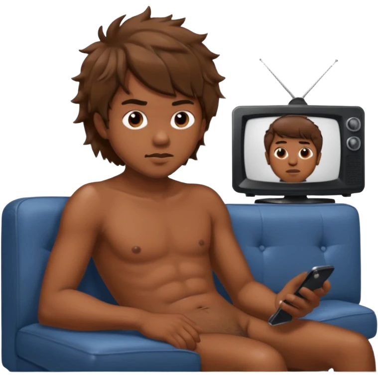 Nude man with brown messy hair sat on sofa watching taylor swift on his TV emoji