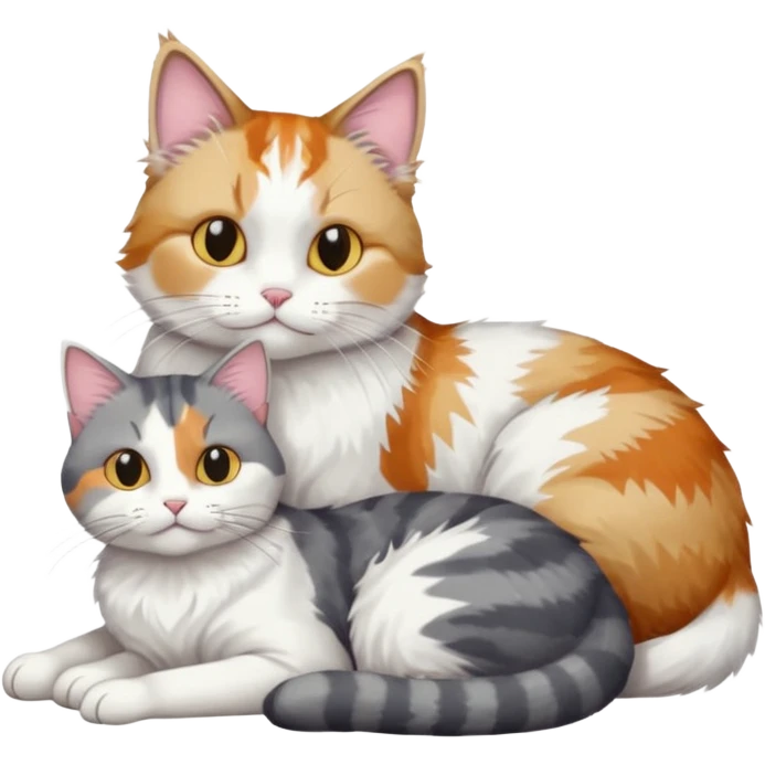 full body colourful light patched calico + white tabby cat cuddling a grey and white cat  emoji