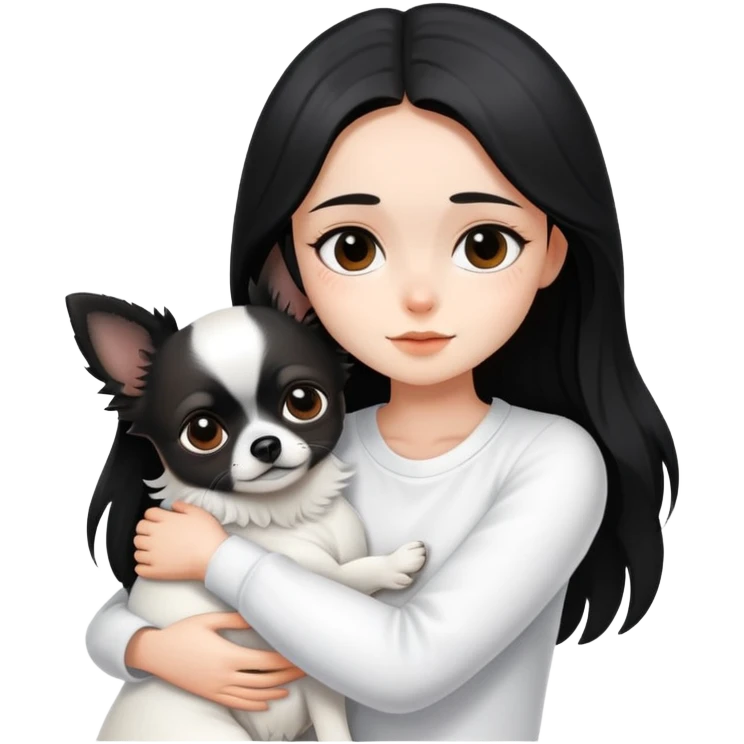 A girl with fair skin, wearing white clothes, gently and tightly hugs a black long-haired Chihuahua emoji
