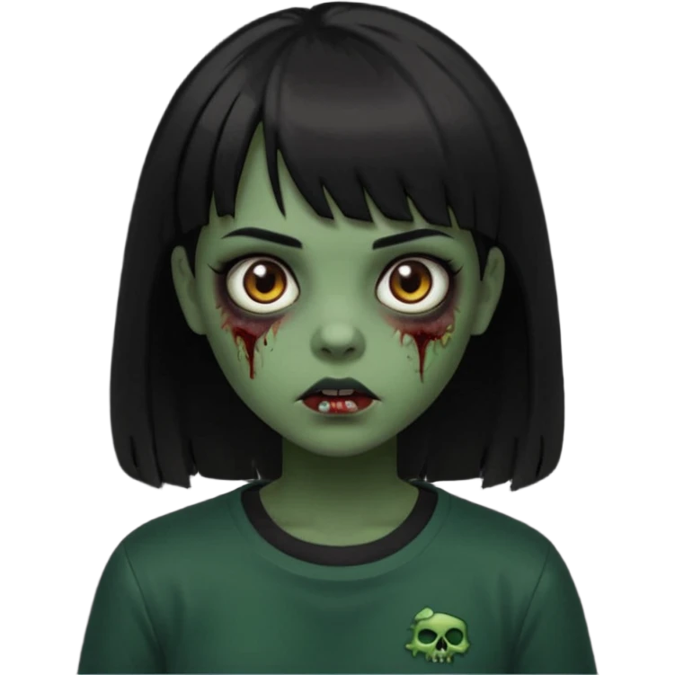 Zombie girl emoji verde escuro com cabelo curto liso preto no ombro e franja na altura da sobrancelha com uma blusa preta, olhos castanhos escuros emoji