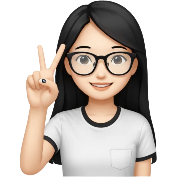 An Asian girl with fair skin and long black hair, wearing black square-framed glasses and a white T-shirt, smiled slightly,with a v sign on her hand emoji