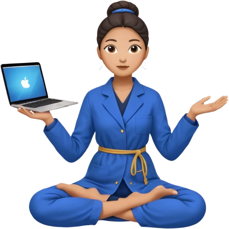 emoji of an asian woman with a single bun in a long blue labcoat sitting cross legged with dna levitating above one hand and an macbook above the other hand emoji