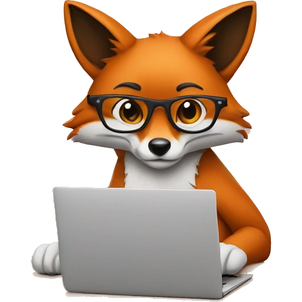 Fox is sitting at a table with a laptop, wearing glasses emoji