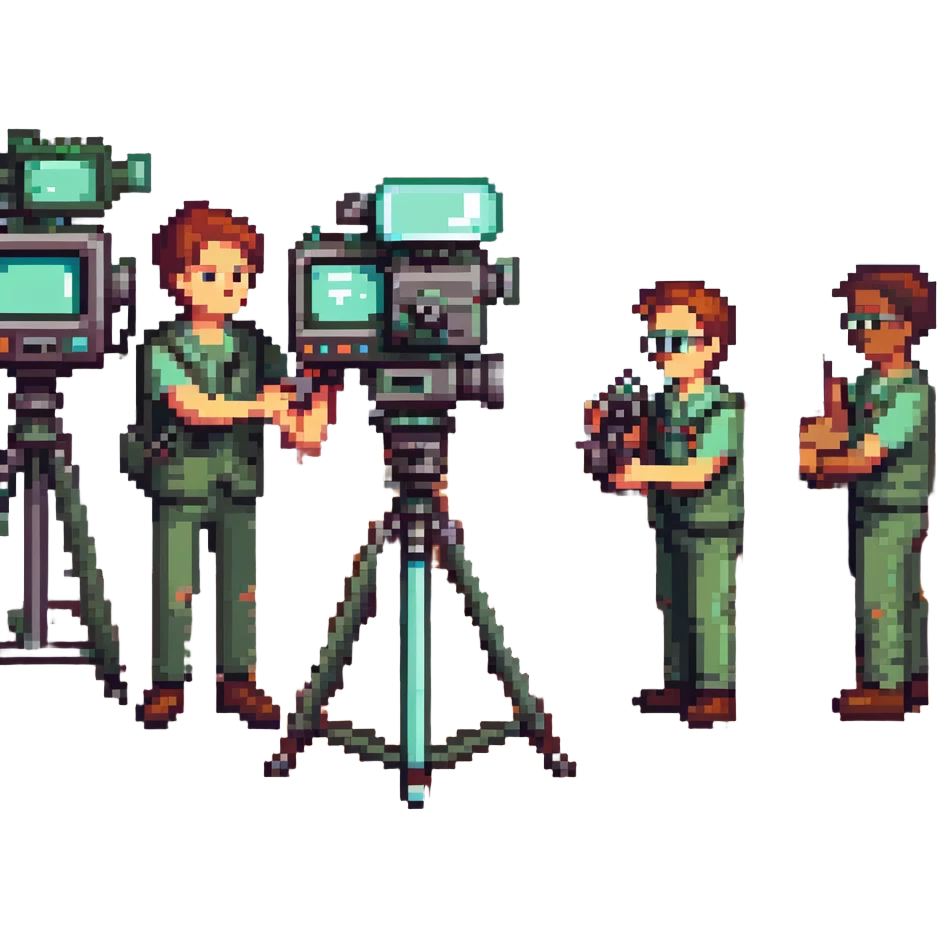 collaboration équipe de tournage with multiple members including caméraman, preneur de son, réalisateur working together around a broadcast camera, dynamic atmosphere, wide shot, team spirit in pixel art style emoji