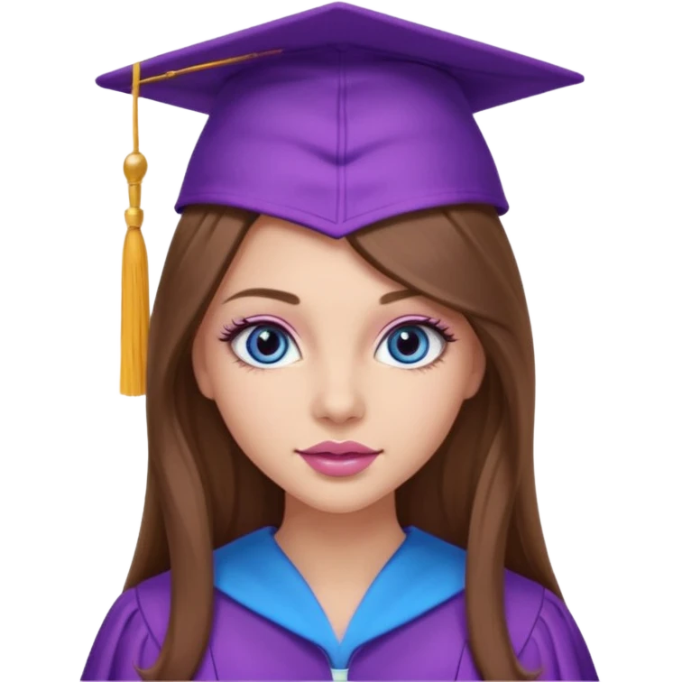 pretty girl with beautiful extremely long brown hair, blue eyes, long lashes makeup, sexy pink lips, wearing a purple and light pink graduation cap and gown emoji