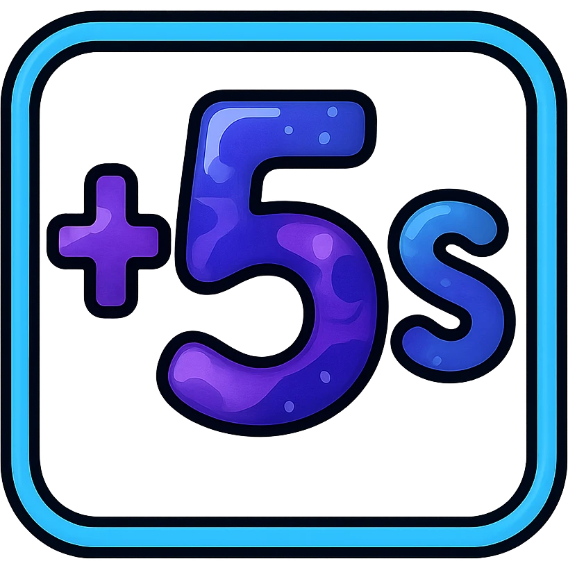 '+5s' symbol with cosmic liquid metal effect in purple and blue tones, 's' subscript, electric blue neon glow border emoji