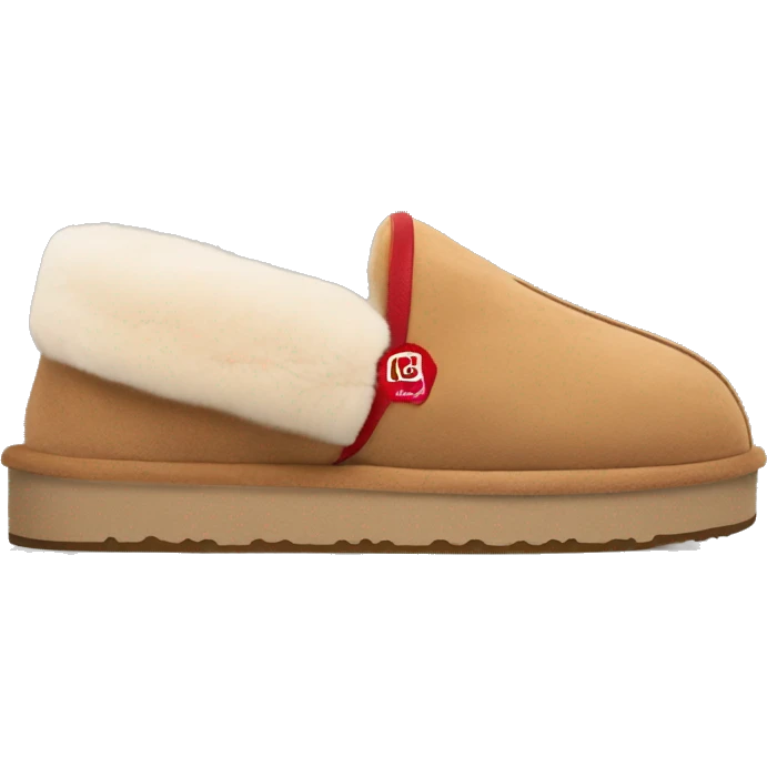 Ugg Camel slip-on slippers. A thin red zig-zag line on cuff, and a high chunky thick platform sole. emoji