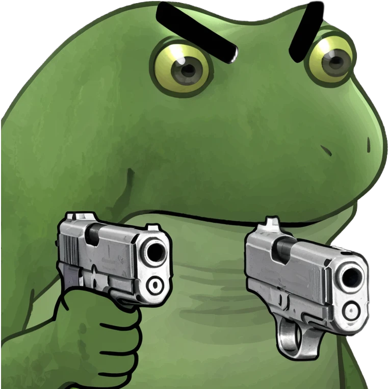 bufo frog meme with a pistol, angry expression emoji