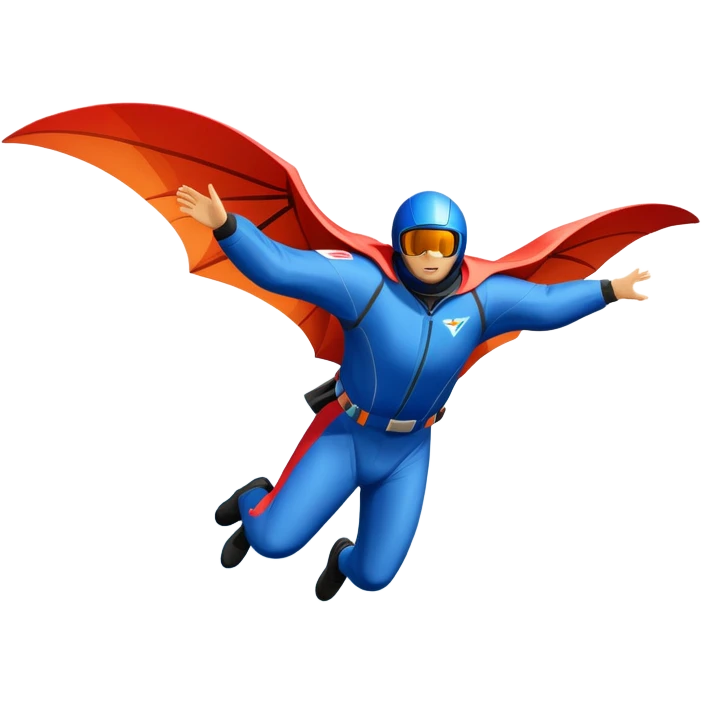 A wingsuit jumper soaring through the air between towering mountains, with the suit spread wide to catch the wind. The background features dramatic cliffs and expansive skies, emphasizing the thrill and freedom of base jumping in a stunning natural landscape. emoji