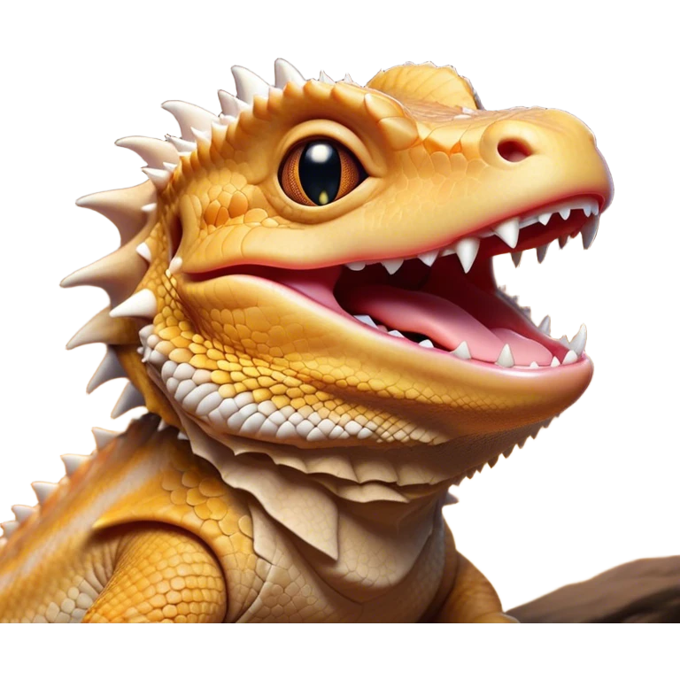 Cinematic Cute Yawning Bearded Dragon Portrait Emoji, Head tilted slightly with a dramatic, wide-open yawn, showcasing a soft, textured scaled hide with its spiky beard partially drooped and eyes barely open in drowsy contentment, Simplified yet irresistibly adorable features, highly detailed, glowing with a soft, cozy glow, high shine, relaxed yet expressive, stylized with a touch of reptilian whimsy, bright and endearing, soft glowing outline, capturing the essence of a sleepy yet affectionate dragon, so drowsy it feels like it could stretch out of the screen and curl up for a nap! emoji