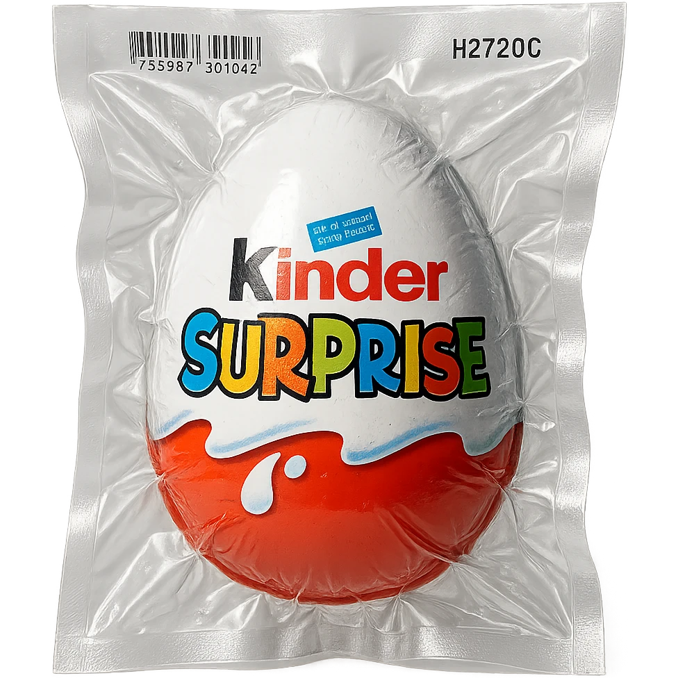 Kinder Surprise egg with standard packaging, glossy and puffy vacuum-sealed style emoji