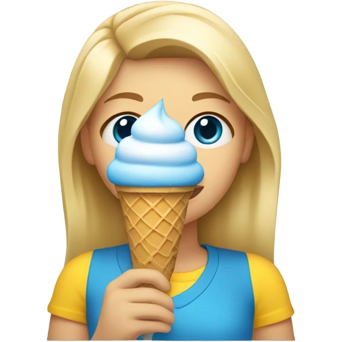 Girl with mid length blonde hair, blue eyes, yellow shirt, holding ice cream cone emoji