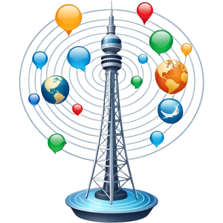 An icon featuring a communication tower with signal waves, satellites in orbit, and fiber optic cables. The design includes a smartphone, message bubbles, and a globe with connection lines, symbolizing global communication networks. Transparent background  emoji