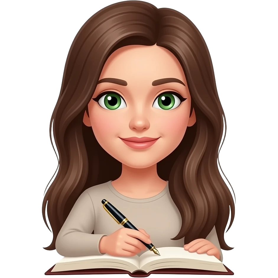 woman with long brown straight hair and green eyes writing down in a journal emoji