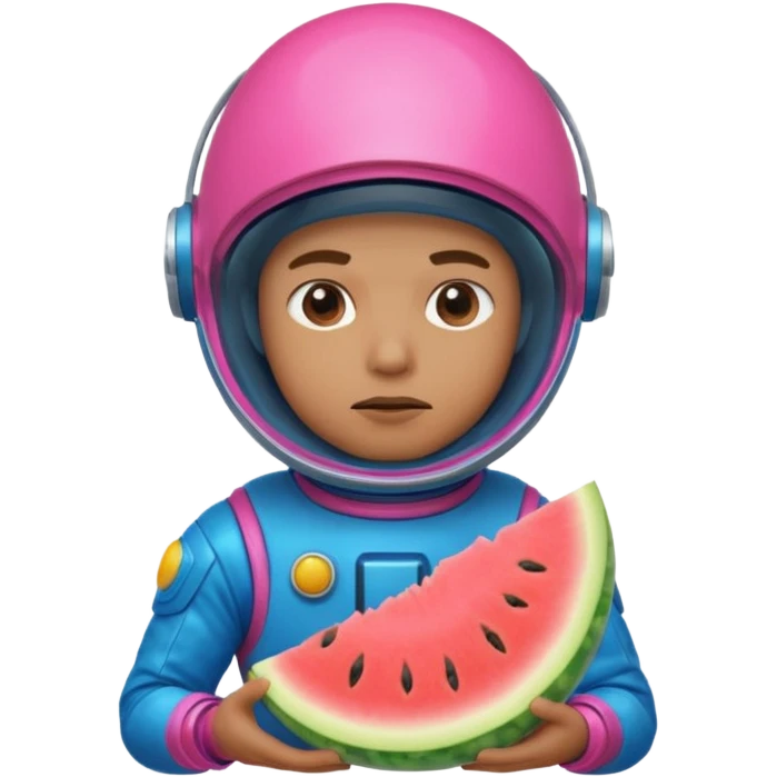 Neon pink and blue spaceman side eye eating melon looking suspicious emoji