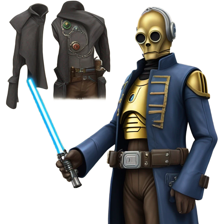 mean bounty hunter tarnished undercover tough well-equipped Jedi  life-sized darkblue-pearl C3po leather vest clothing pants and vest old west duster coat holding light saber sheriff holstered gun emoji