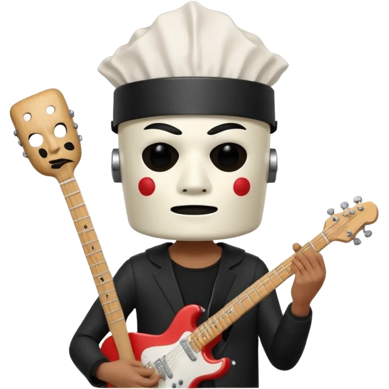 guitarist wearing a white bucket on his head, with two eye holes, a blank expression, and a small theatrical mask on the bucket. He’s holding an electric guitar, dressed in a simple black outfit, giving off a mysterious but playful rock legend vibe, kfc bucket on his head emoji