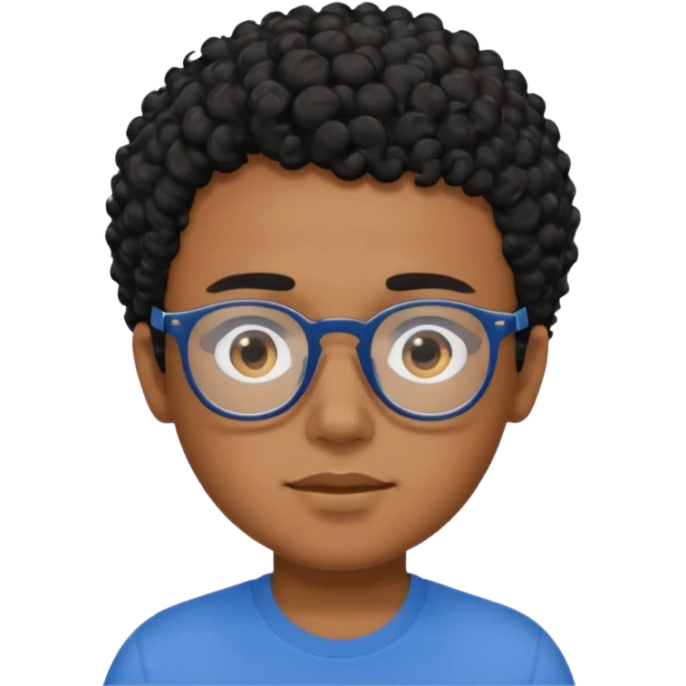 Menino moreno com cabelo curto cacheado preto, de óculos preto e blusa azul emoji