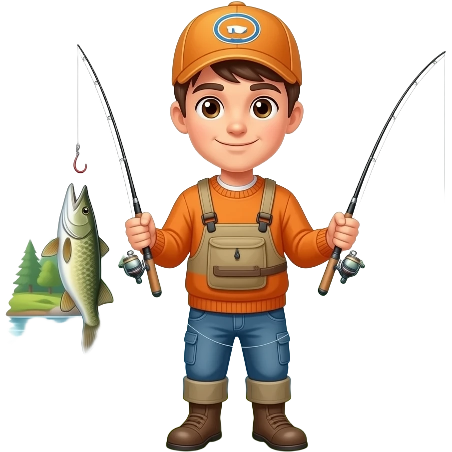 a guy in an orange sweater and a baseball cap holding 2 fishing rods with muskie fish on the end emoji