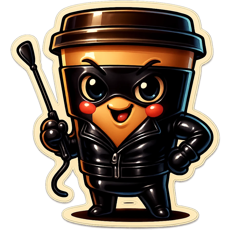 Tall coffee cup, dressed in leather holding a whipping crop, mischevious, emoji