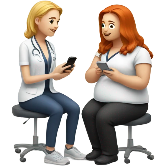 red hair nutritionist and blondie overweight patient talking smartphone emoji