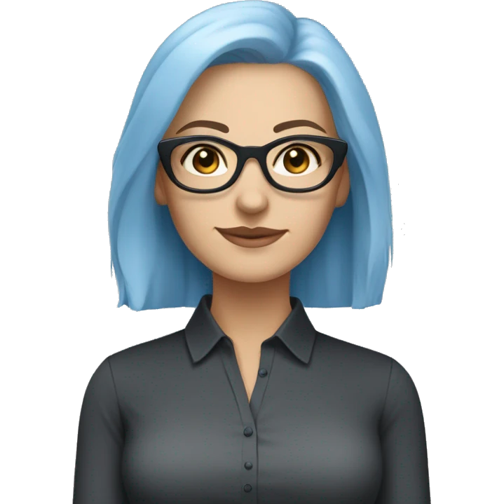 Caucasian woman with chin length layered blue hair and grey eyes wearing light grey square-shaped glasses and a black collared shirt emoji