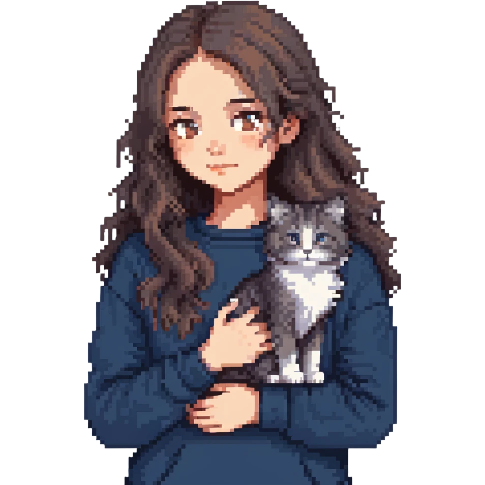 Brunette girl with dark blue sweatshirt lovingly holding a grey Siberian cat, detailed pixel art emoji