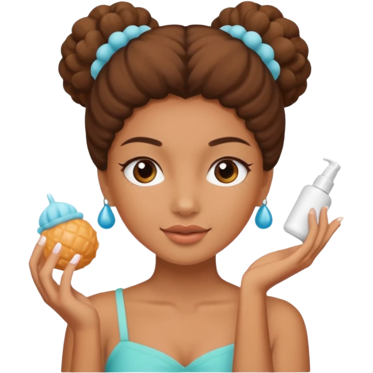 Carmel girl with two puff balls doing skincare emoji