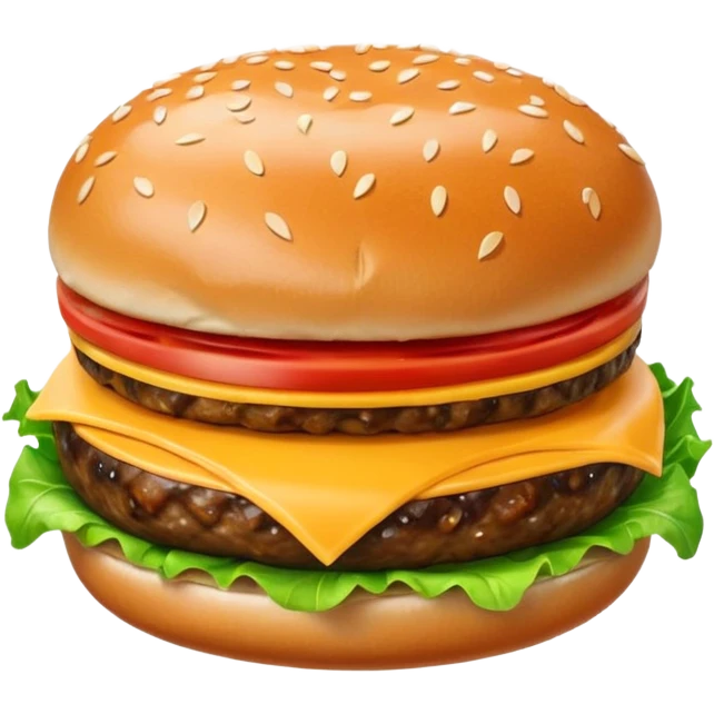 A classic single patty hamburger emoji,, glossy and colorful. Soft rounded bun with sesame seeds, one beef patty, fresh lettuce, tomato slice, melted cheese, realistic but cartoonish look, clean white background emoji