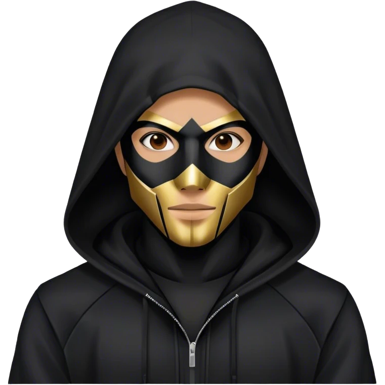 man with black hooded jacket and a full black full-face geometric mask emoji