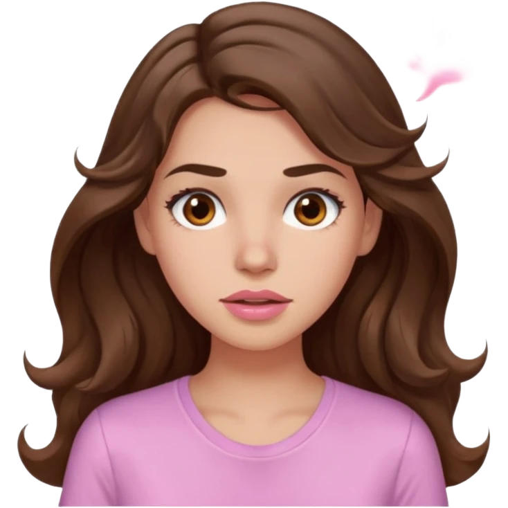 girl with wavy long brown hair, brown eyes, light to medium complexion, long lashes, light pink lipstick, wearing light pink shirt, sweating emoji