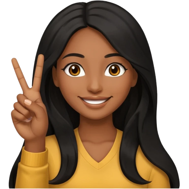 pretty brown skin woman with long black hair and brown eyes holding up the peace sign emoji