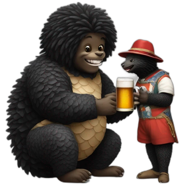 Golliwog having a beer with a giant pangolin emoji