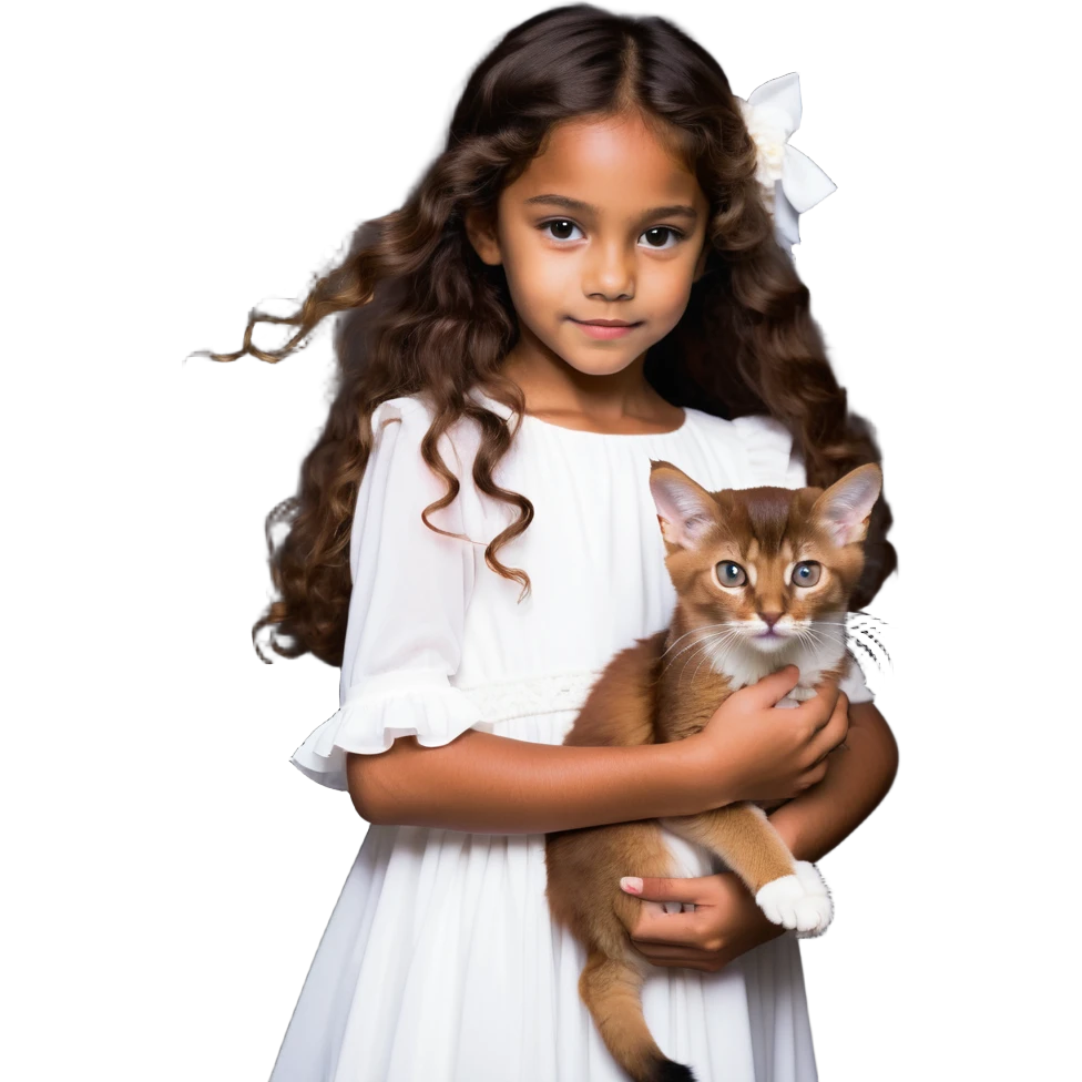 beautiful girl with curly long brown hair wearing a white dress holding an Abyssinian cat with reddish-brown fur in her arms emoji