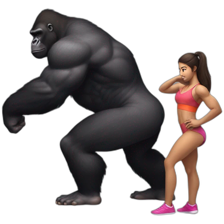 Big buff Gorilla holding a beautiful girl with a big back doing squats emoji
