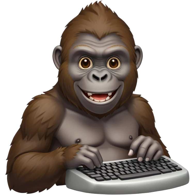 happy smiling gorilla ape typing on a keyboard, texting emoji