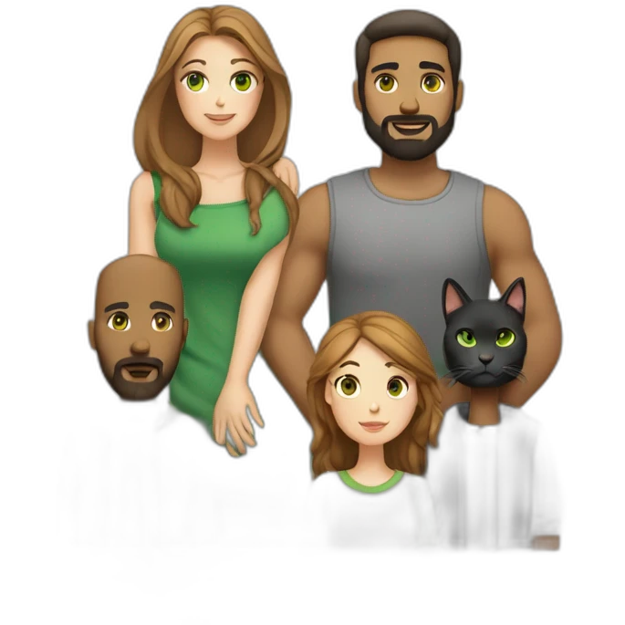 Woman with light straight brown hair and green eyes and a heavy man with a beard and two cats white and another black emoji