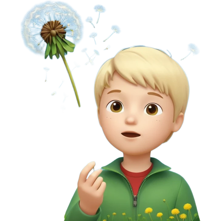 A 3D cartoon child blowing on a dandelion, seeds flying in the air, sunny garden background, realistic Memoji-style. emoji