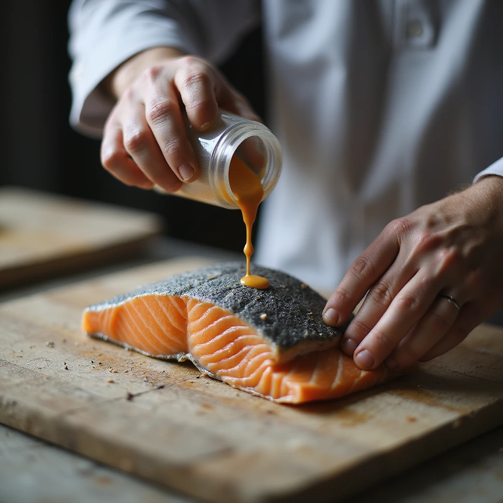 realistic 4K photo of a man adding artificial colorants to a gray salmon fillet to make it orange, kitchen or food lab environment emoji