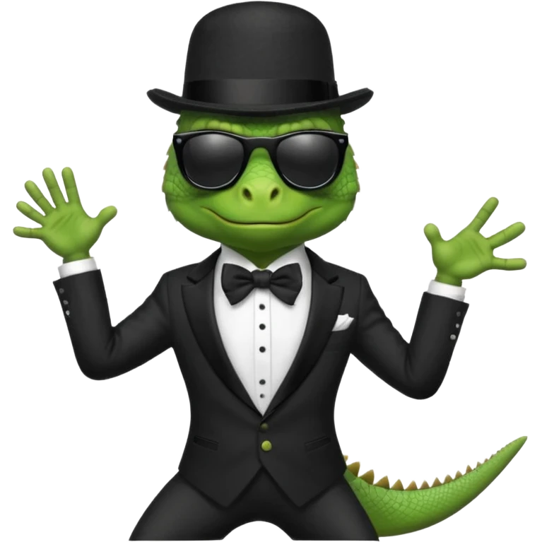 capitalist iguana in tuxedo and hat black sunglasses dancing emoji